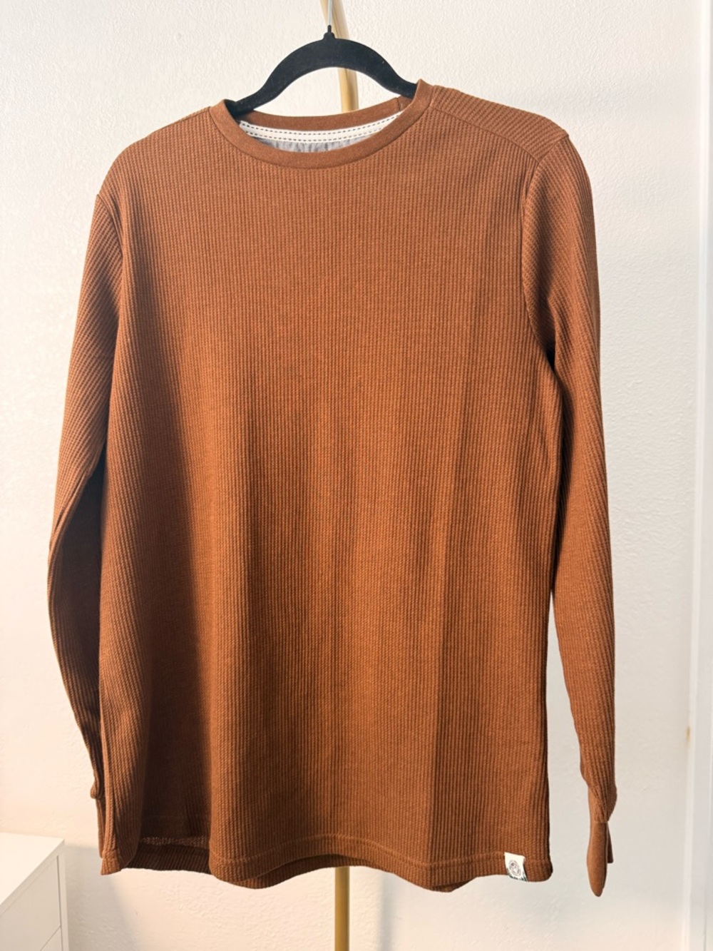 Waffle Knit Long Sleeve Shirt Men’s Brown Thermal Top Casual Basic
